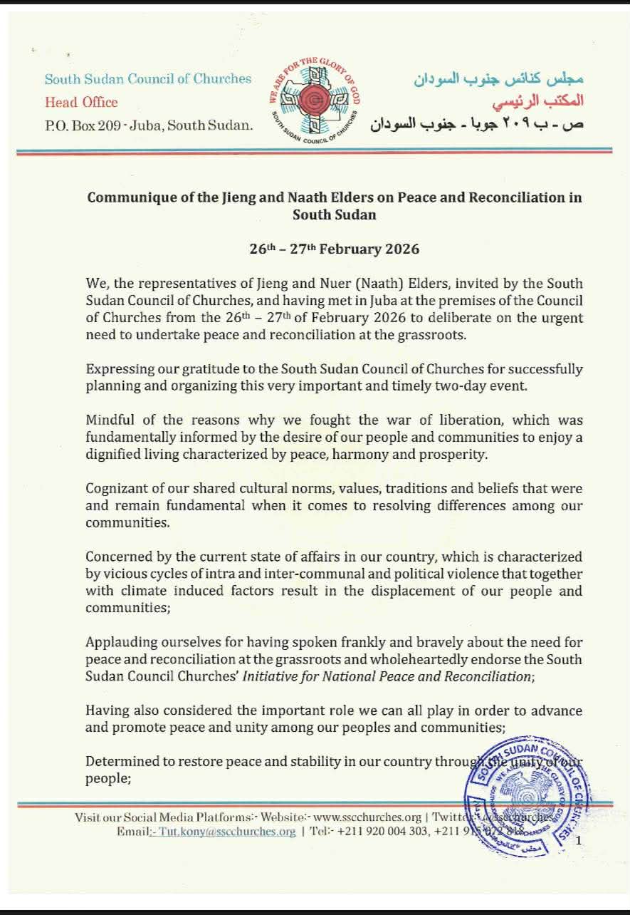 South Sudan Council of Churches Hosts Historic Jieng–Naath Elders Dialogue Calling for Peace and Reconciliation