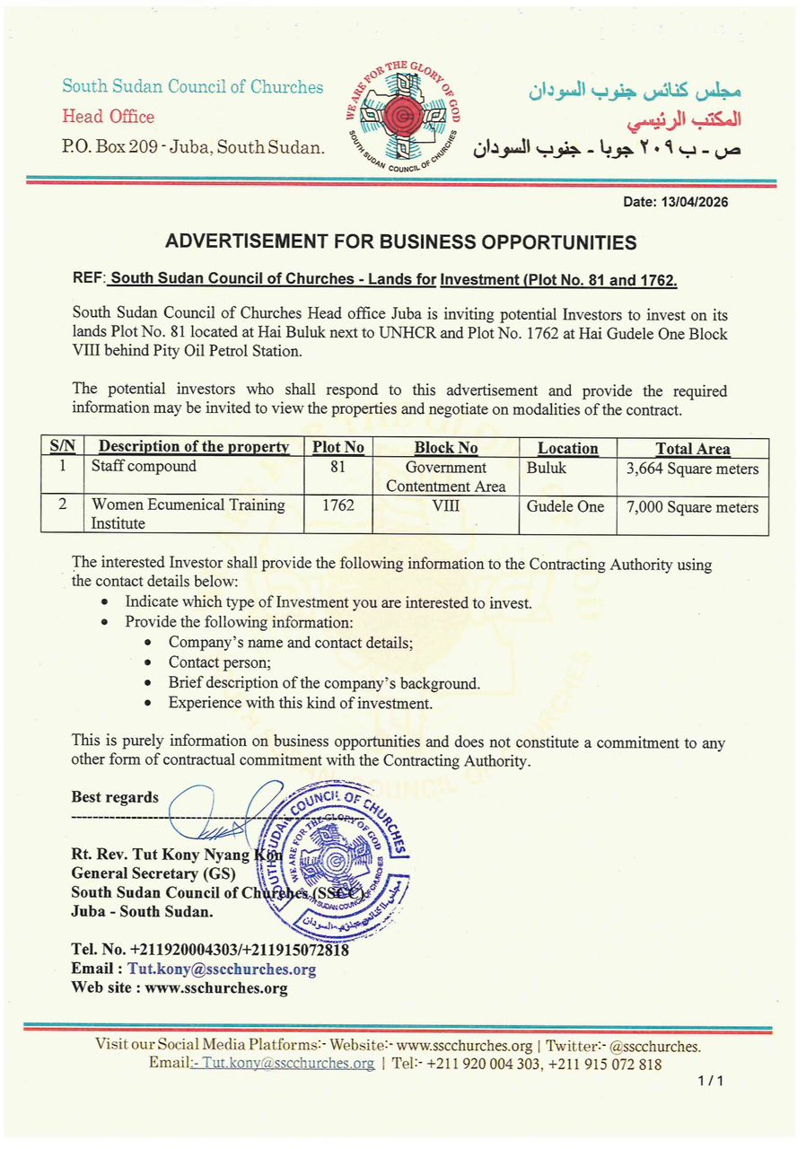 INVESTMENT OPPORTUNITY, South Sudan Council of Churches (SSCC)Land for Investment – Plots No. 81 & 1762